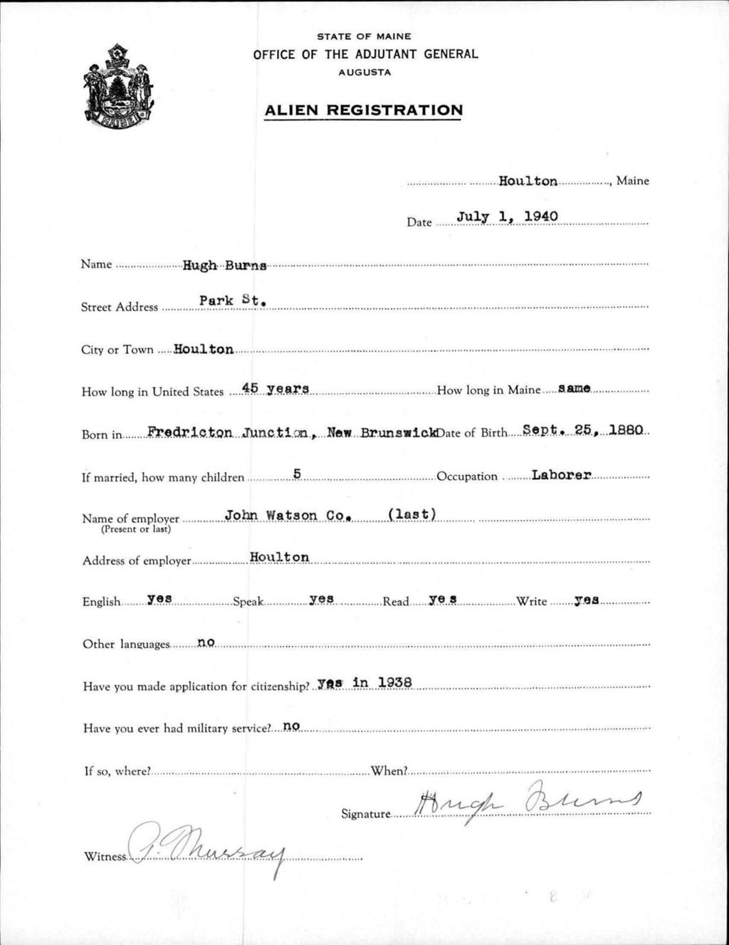 Alien Registration- Burns, Hugh (Houlton, Aroostook County)
