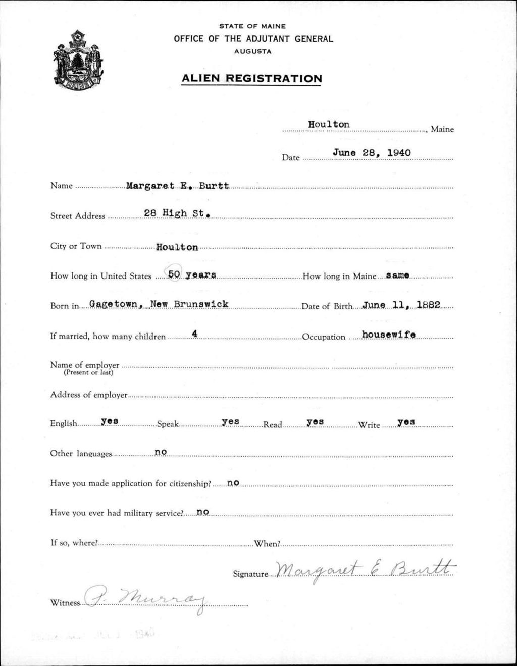 Alien Registration- Burtt, Margaret E. (Houlton, Aroostook County)