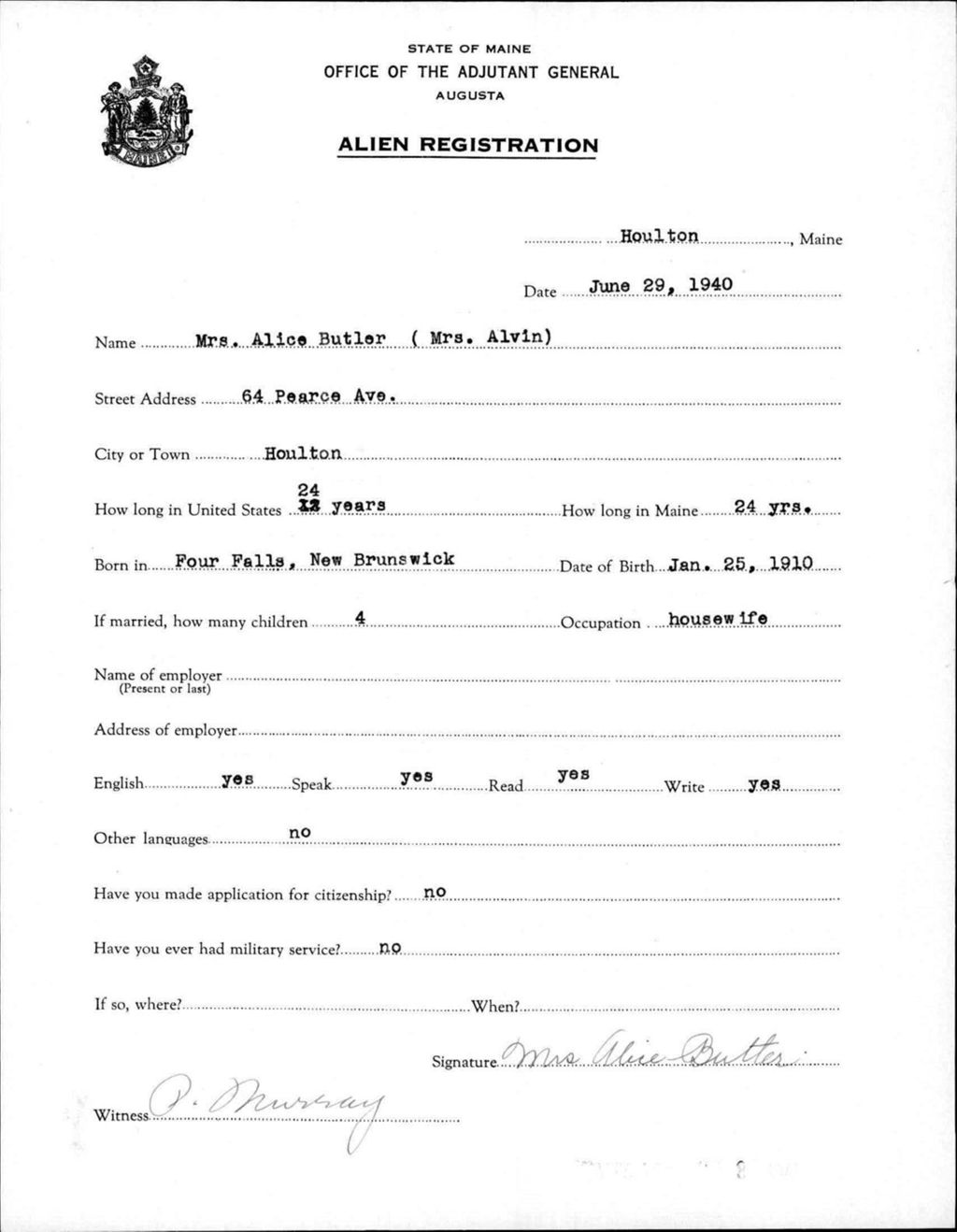 Alien Registration- Butler, Alice (Houlton, Aroostook County)