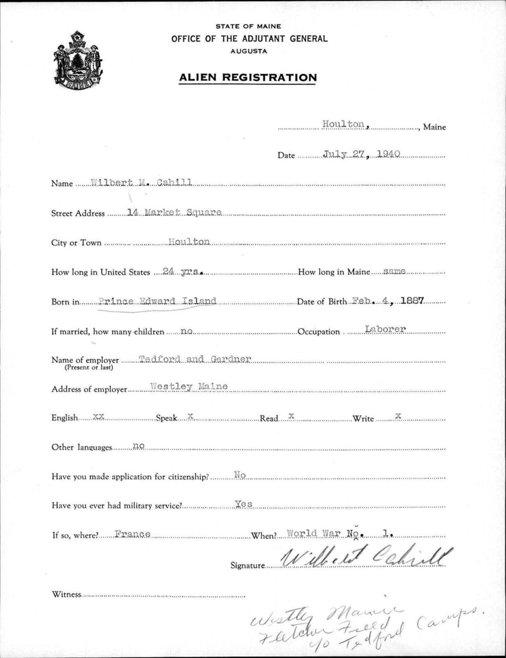 Alien Registration- Cahill, Wilbert M. (Houlton, Aroostook County)