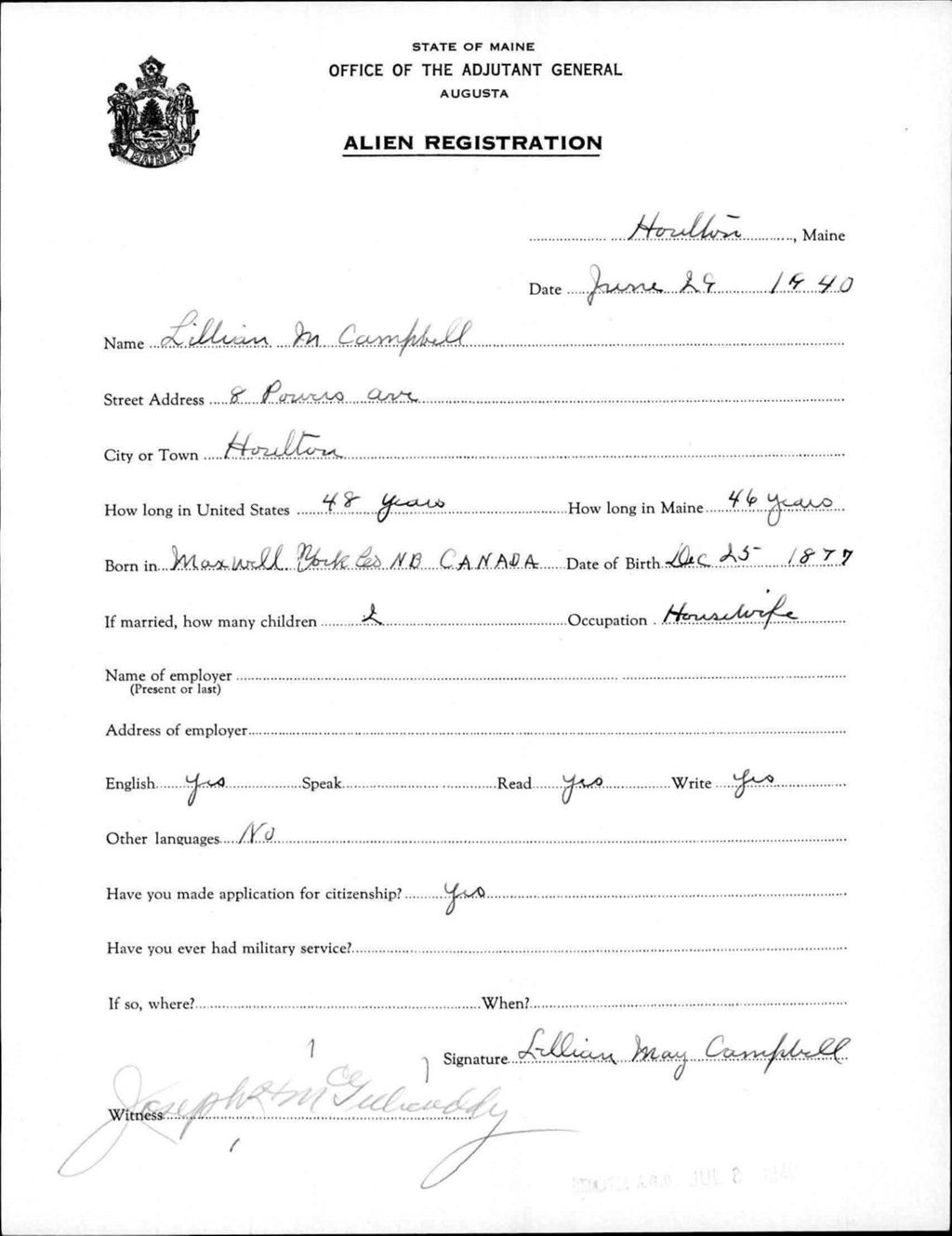 Alien Registration- Campbell, Lillian M. (Houlton, Aroostook County)