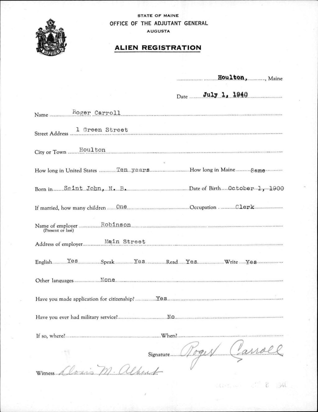 Alien Registration- Carroll, Roger (Houlton, Aroostook County)
