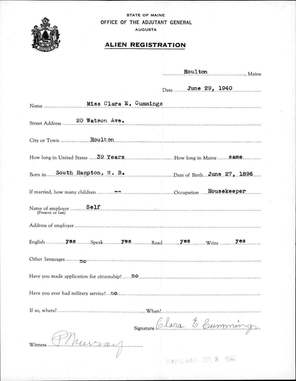 Alien Registration- Cummings, Clara E. (Houlton, Aroostook County)