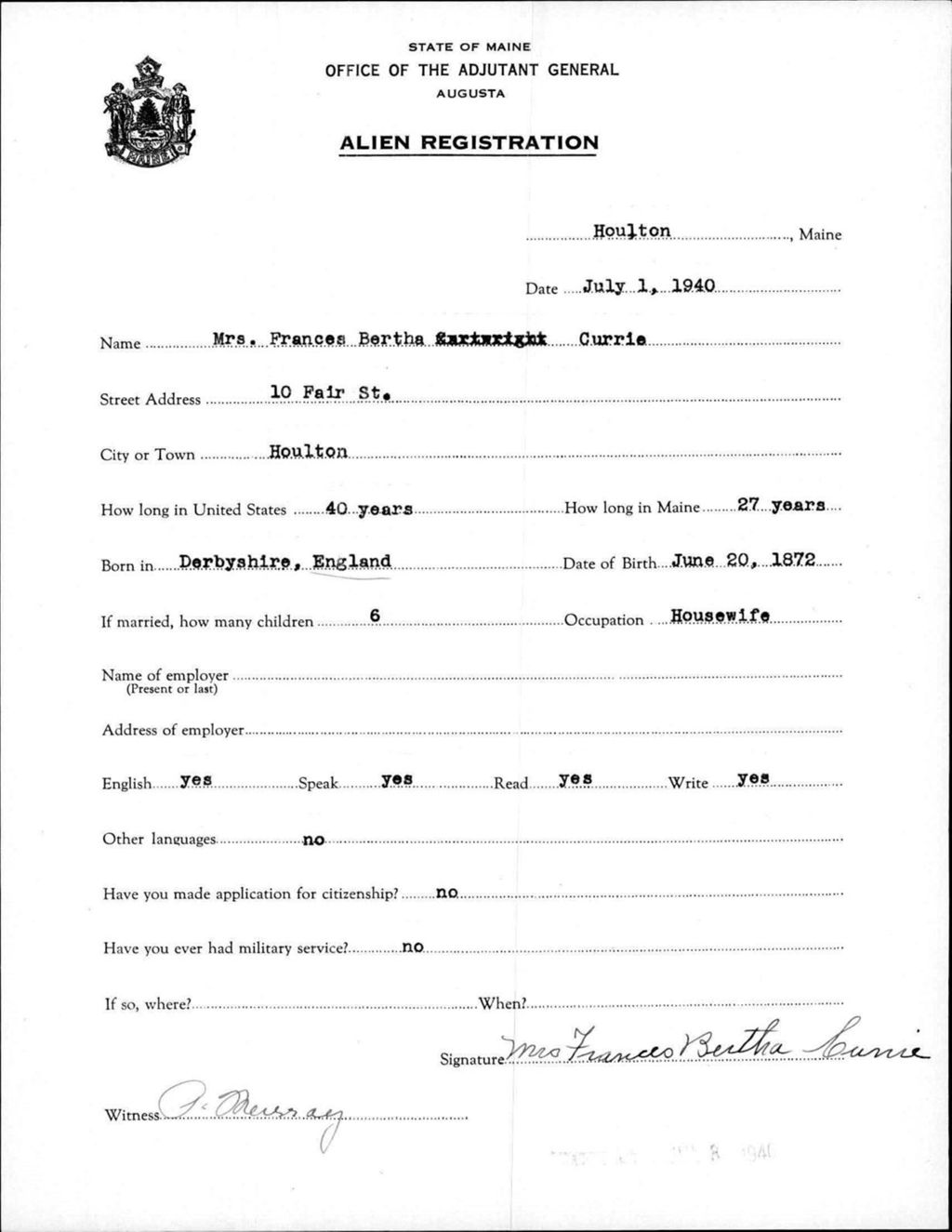 Alien Registration- Currie, Frances B. (Houlton, Aroostook County)