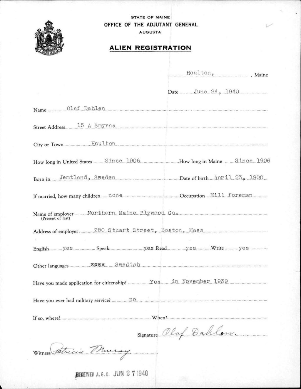 Alien Registration- Dahlen, Olaf (Houlton, Aroostook County)