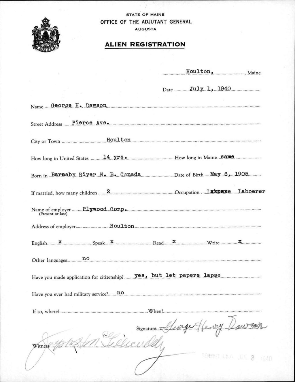 Alien Registration- Dawson, George H. (Houlton, Aroostook County)