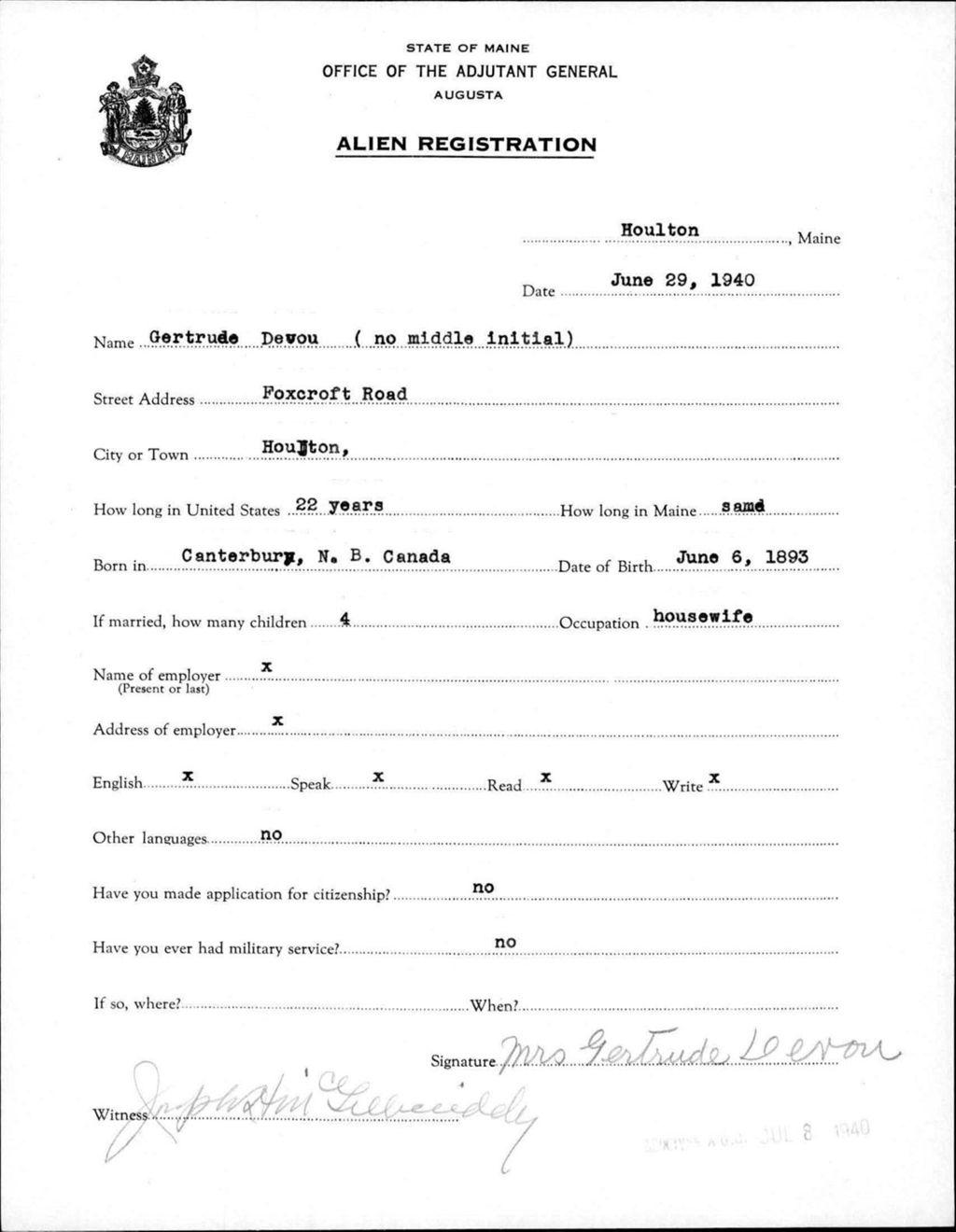 Alien Registration- Devou, Gertrude (Houlton, Aroostook County)