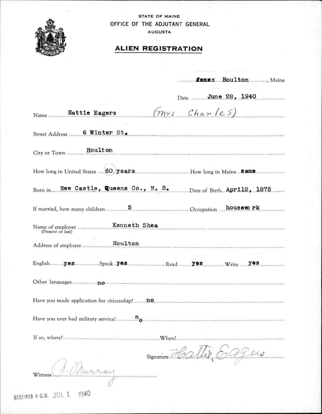 Alien Registration- Eagers, Hattie (Houlton, Aroostook County)