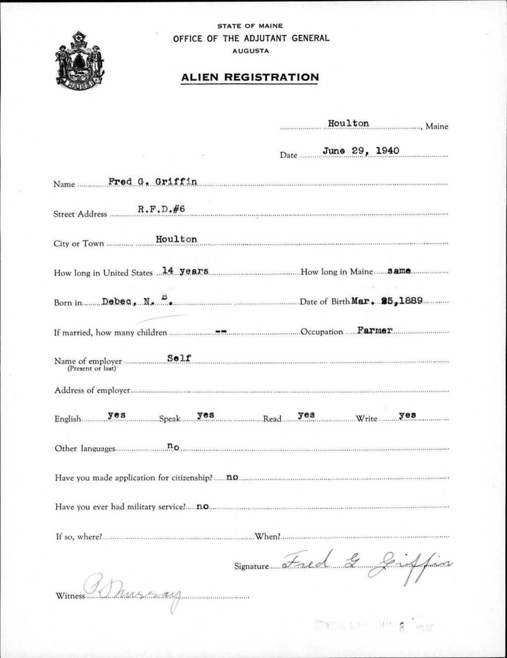 Alien Registration- Griffin, Fred G. (Houlton, Aroostook County)