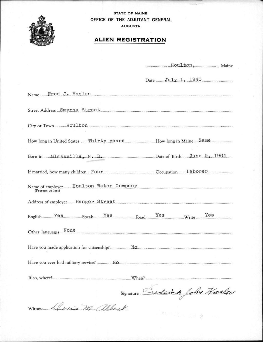 Alien Registration- Hanlon, Fred J. (Houlton, Aroostook County)