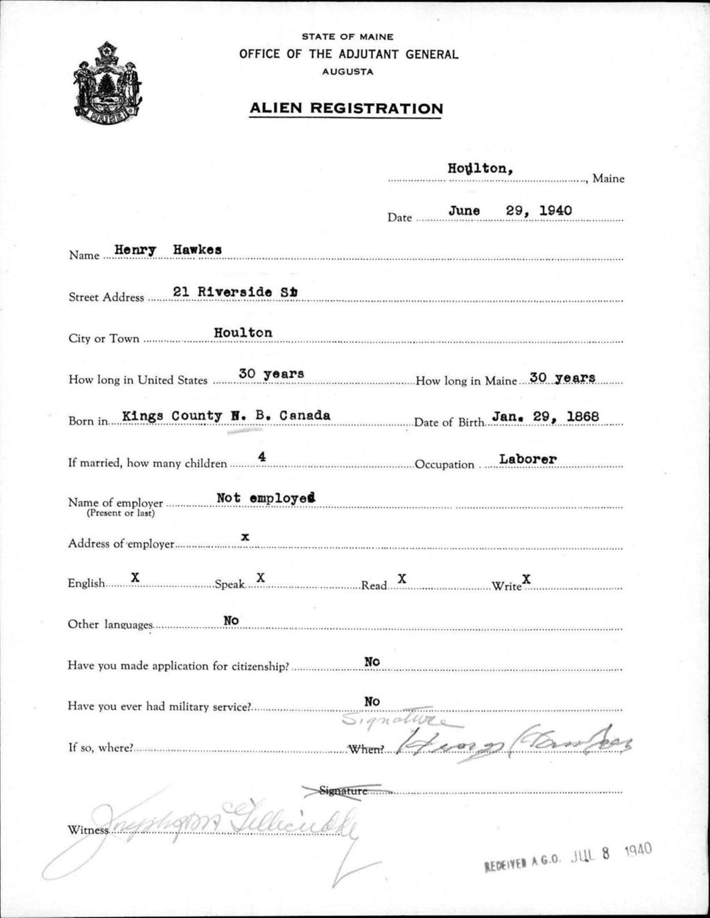 Alien Registration- Hawkes, Henry (Houlton, Aroostook County)