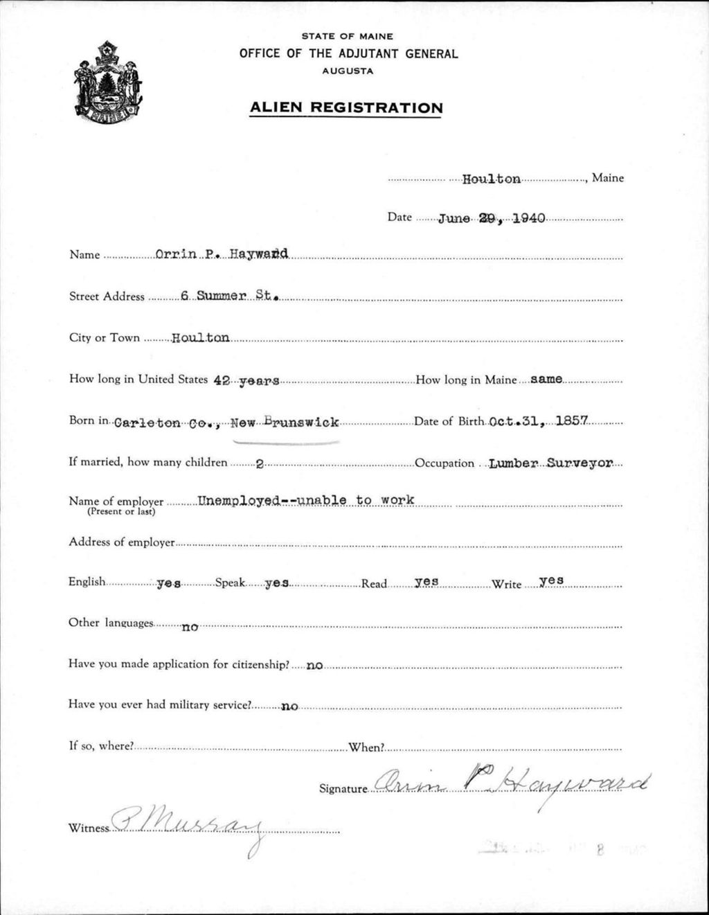 Alien Registration- Hayward, Orrin P. (Houlton, Aroostook County)