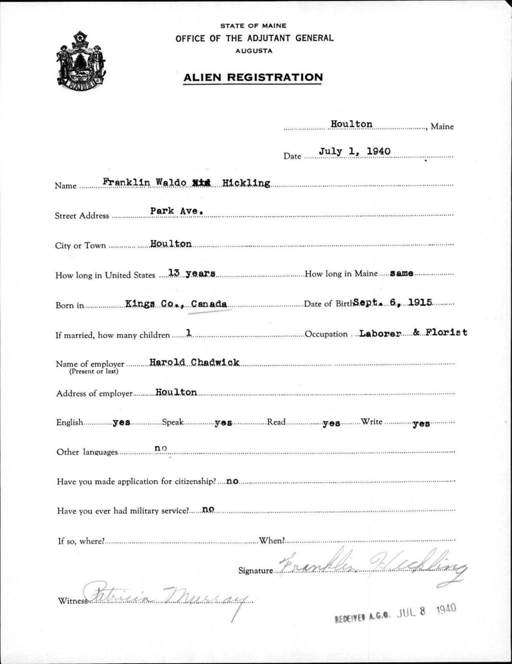Alien Registration- Hickling, Franklin W. (Houlton, Aroostook County)