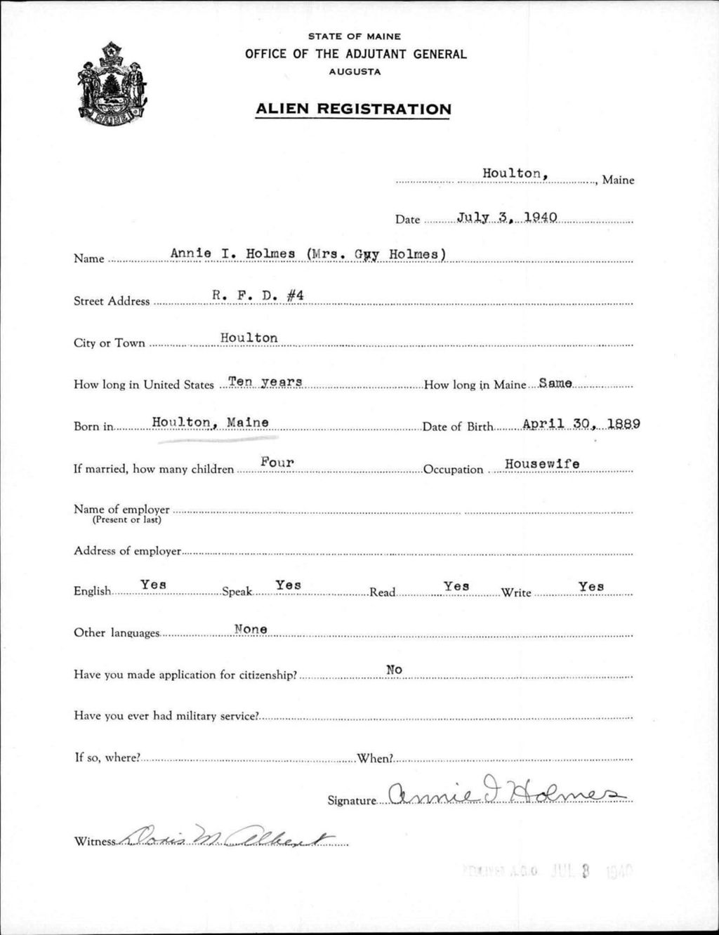 Alien Registration- Holmes, Annie I. (Houlton, Aroostook County)