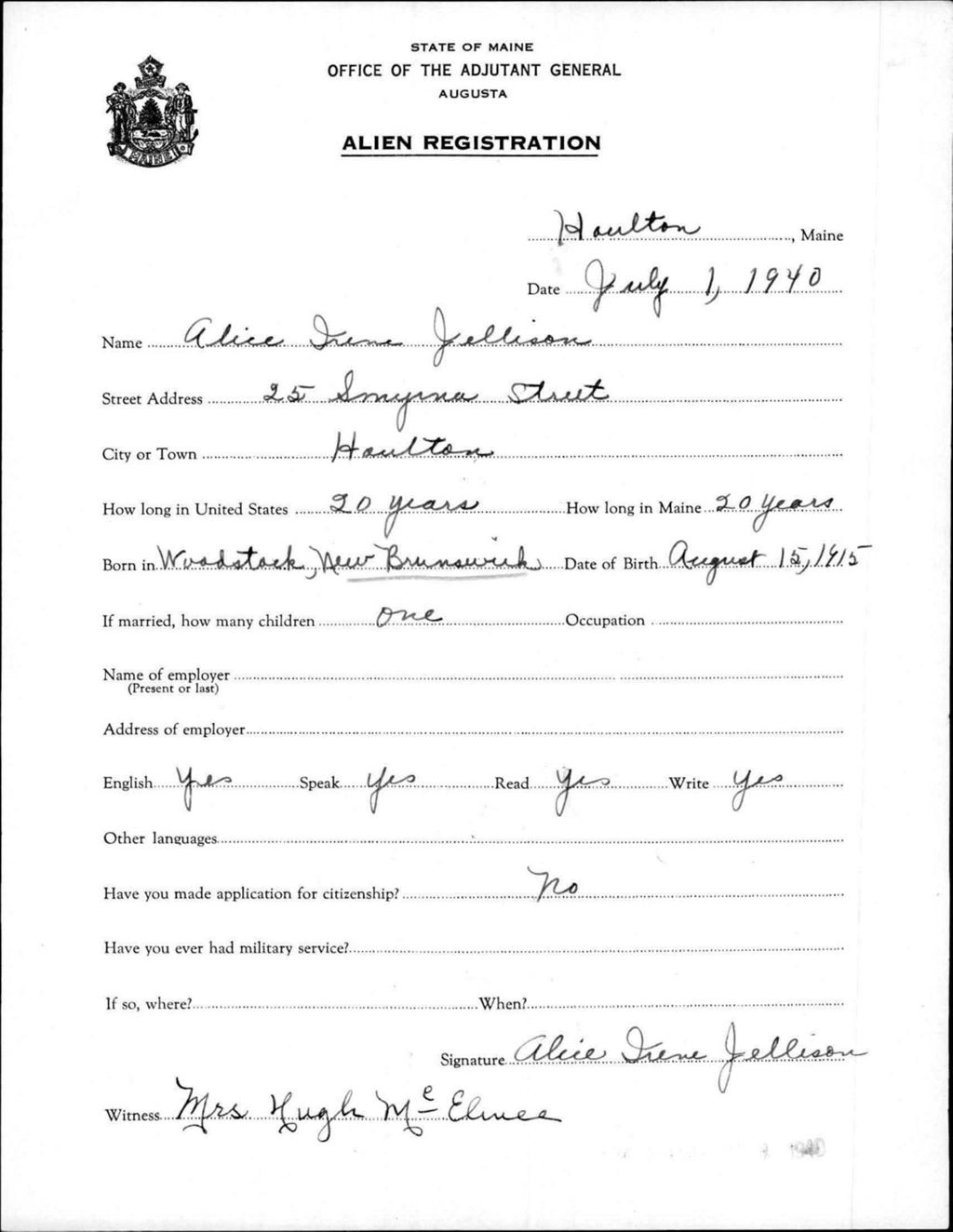 Alien Registration- Jellison, Alice I. (Houlton, Aroostook County)