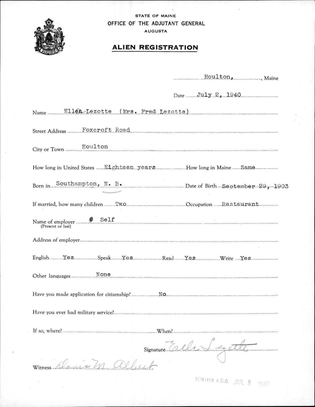 Alien Registration- Lezotte, Ella (Houlton, Aroostook County)