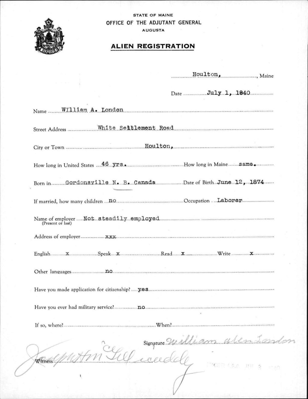 Alien Registration- London, William A. (Houlton, Aroostook County)