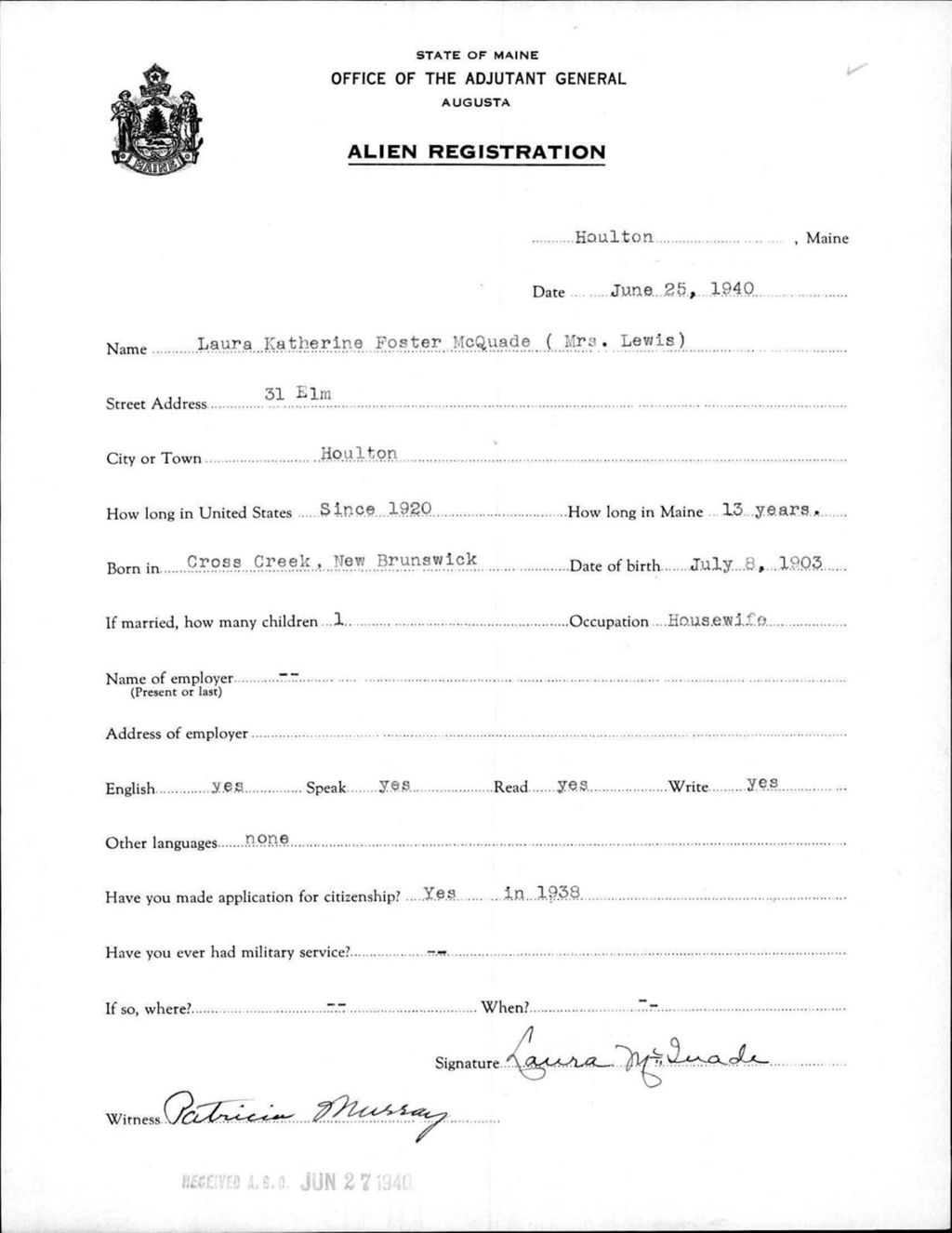 Alien Registration- Foster, Laura K. (Houlton, Aroostook County)