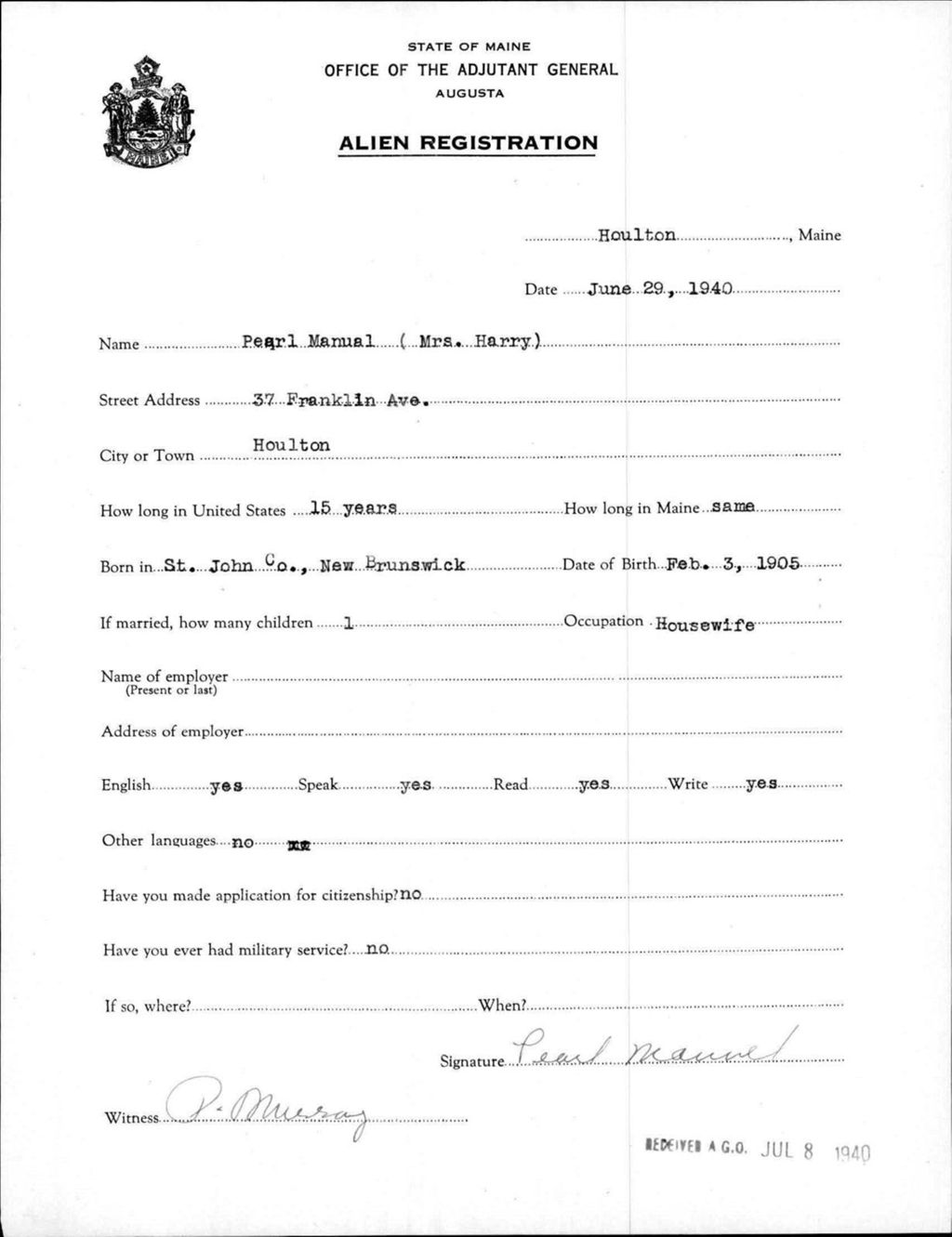 Alien Registration- Manuel, Pearl (Houlton, Aroostook County)