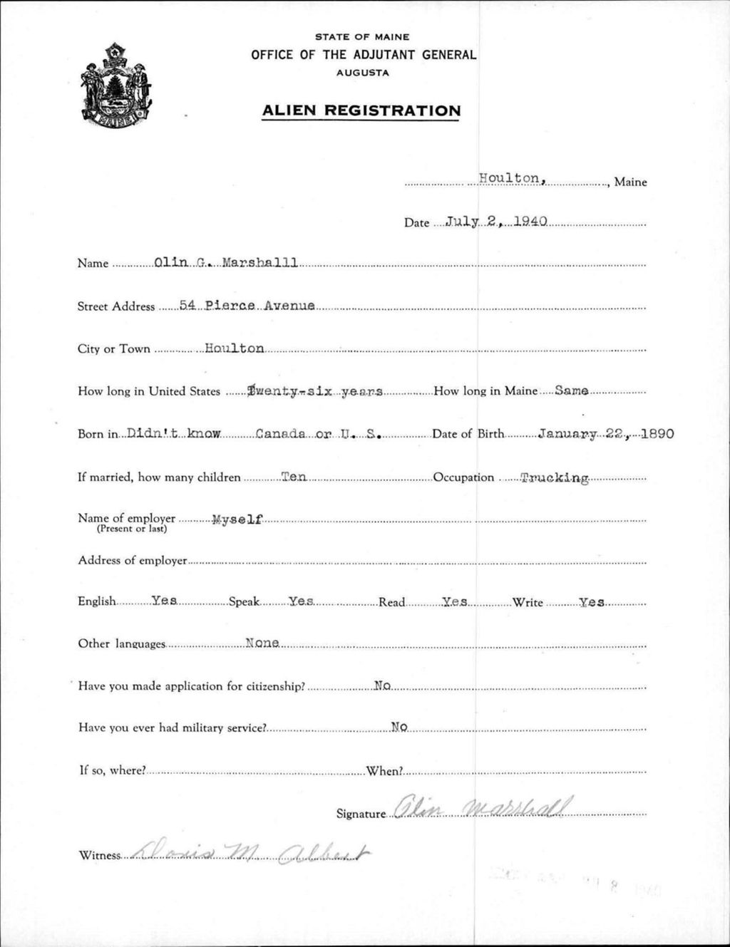 Alien Registration- Marshall, Olin G. (Houlton, Aroostook County)