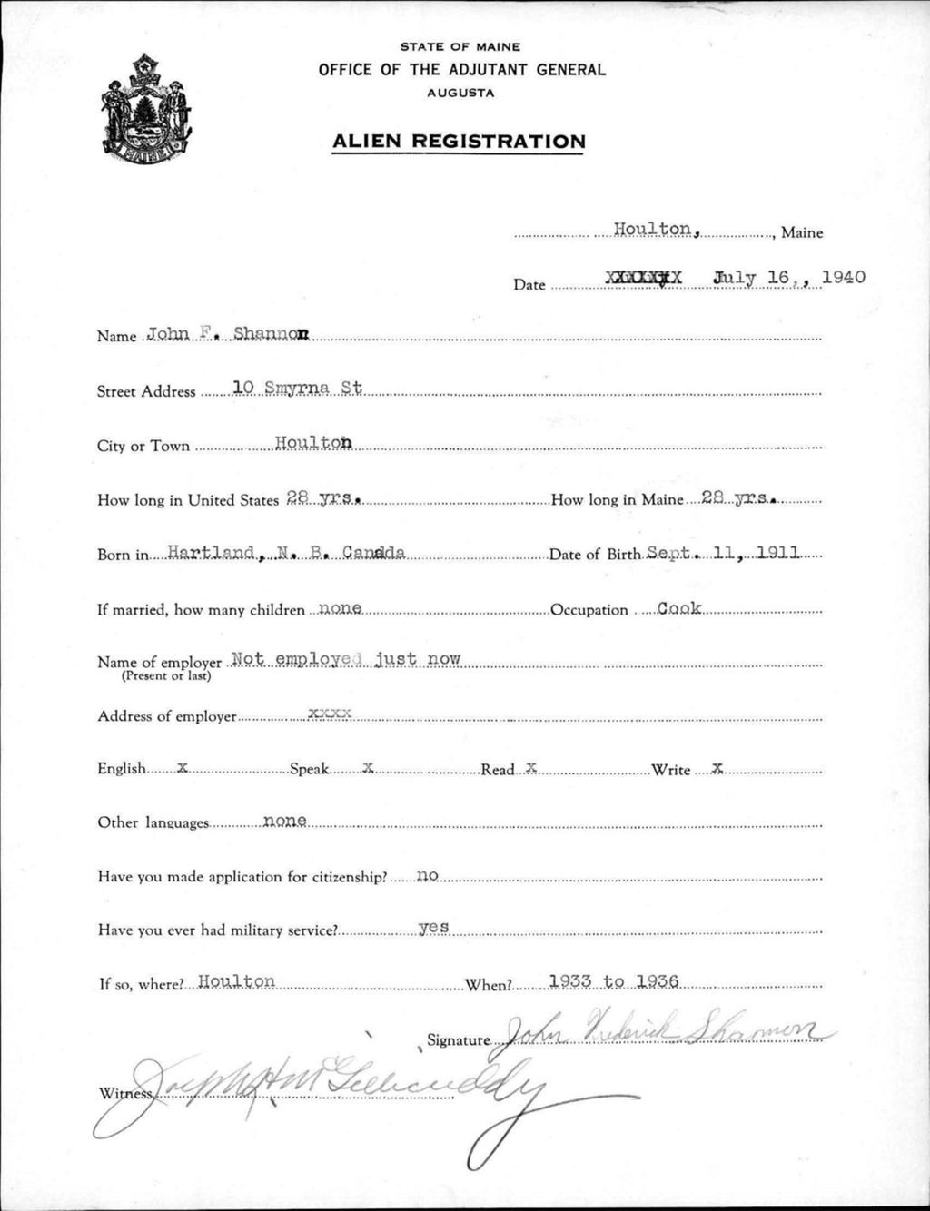 Alien Registration- Shannon, John F. (Houlton, Aroostook County)
