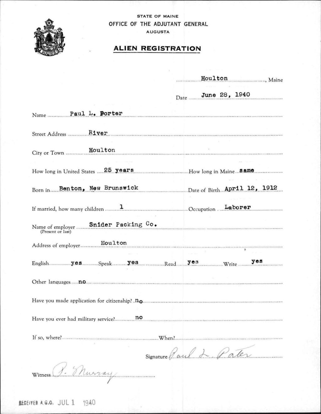 Alien Registration- Porter, Paul L. (Houlton, Aroostook County)
