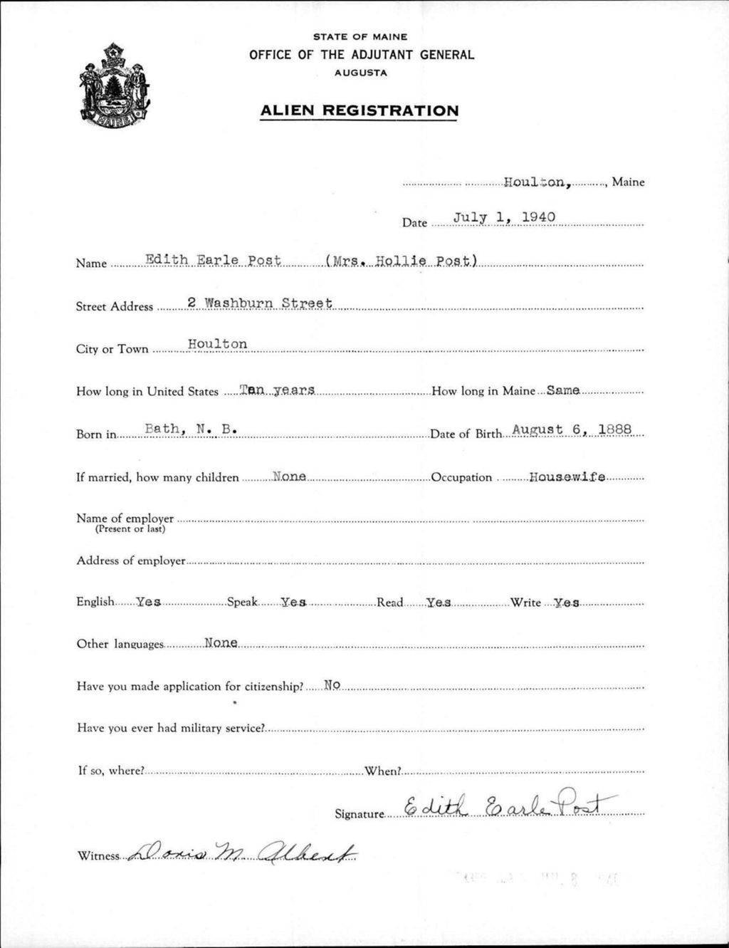 Alien Registration- Post, Edith E. (Houlton, Aroostook County)