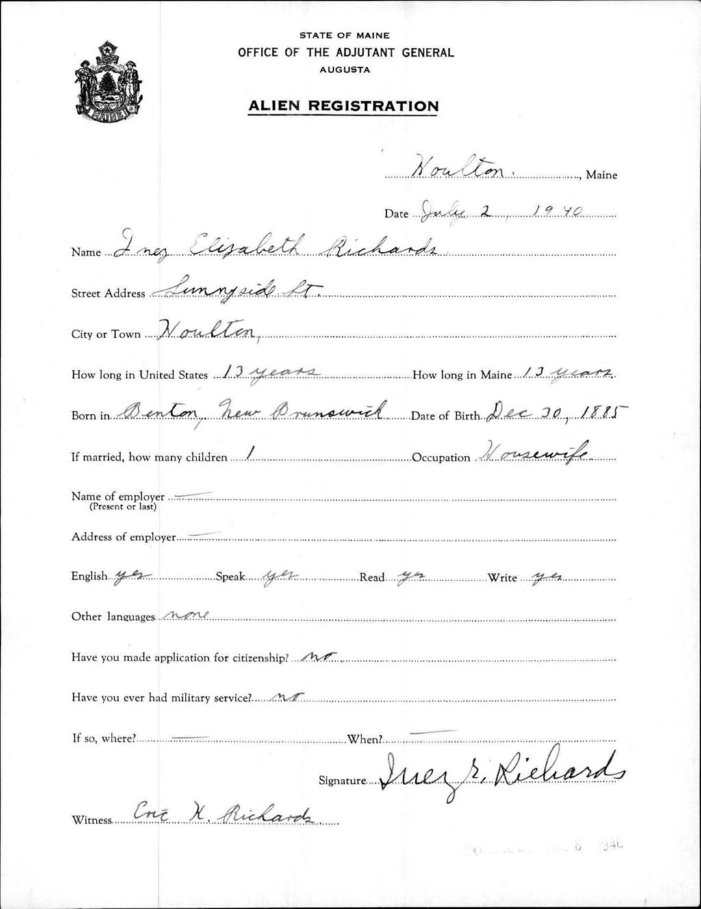 Alien Registration- Richards, Inez E. (Houlton, Aroostook County)