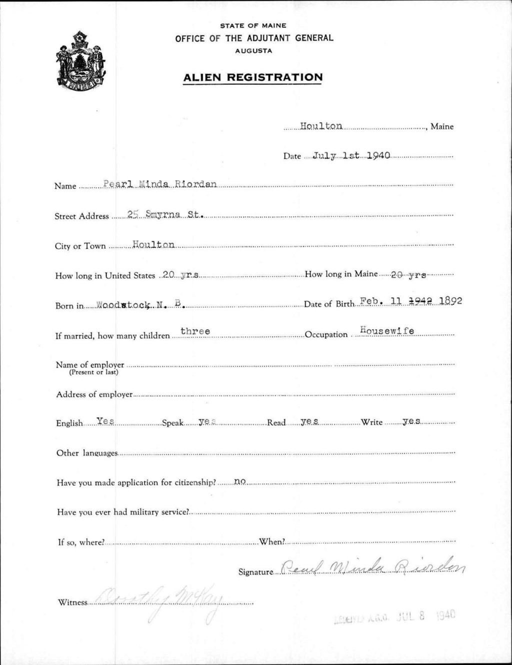 Alien Registration- Riordan, Pearl M. (Houlton, Aroostook County)