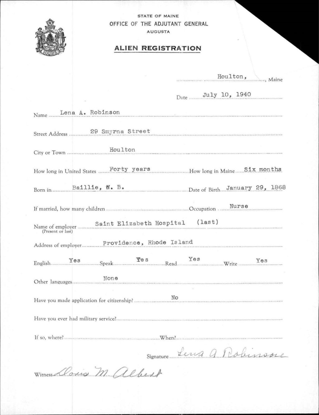 Alien Registration- Robinson, Lena A. (Houlton, Aroostook County)