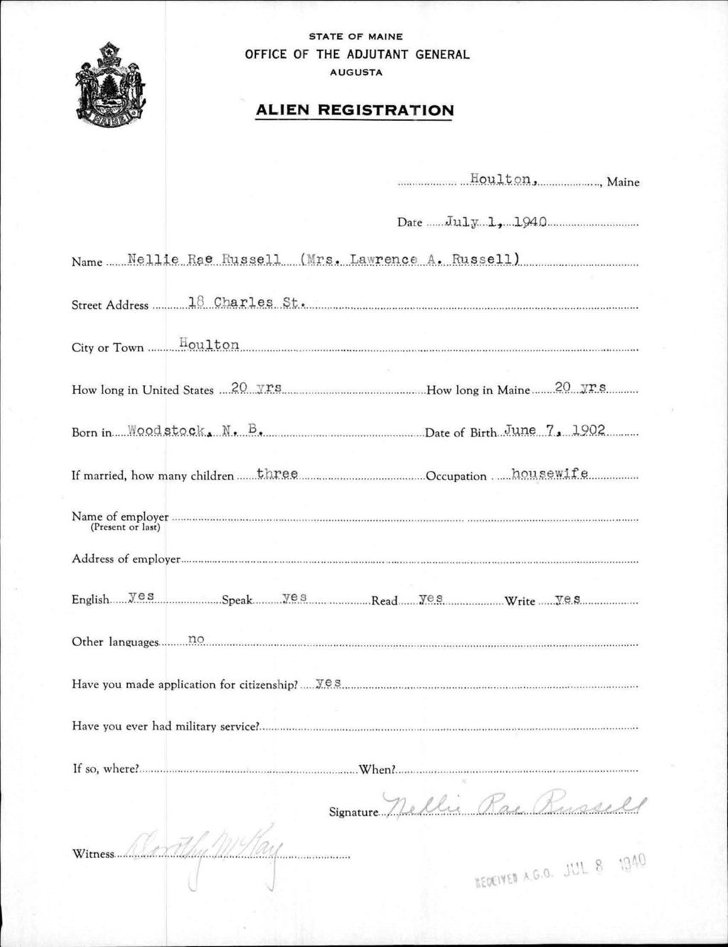 Alien Registration- Russell, Nellie R. (Houlton, Aroostook County)