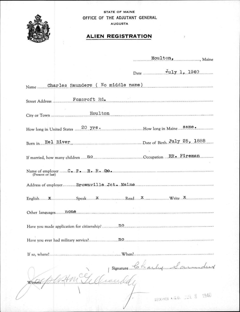 Alien Registration- Saunders, Charles (Houlton, Aroostook County)