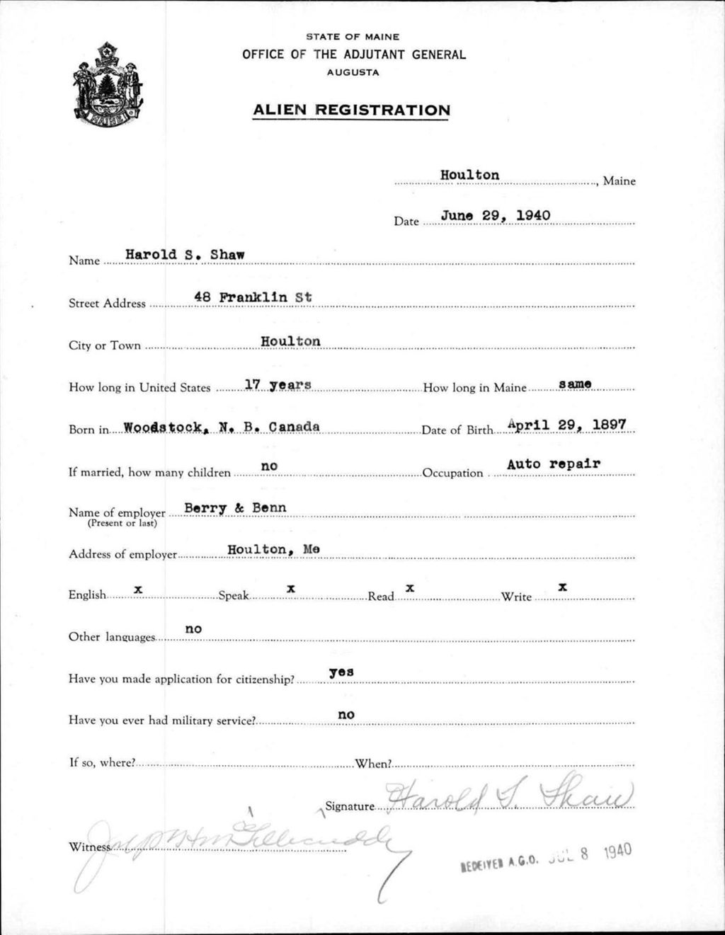Alien Registration- Shaw, Harold S. (Houlton, Aroostook County)