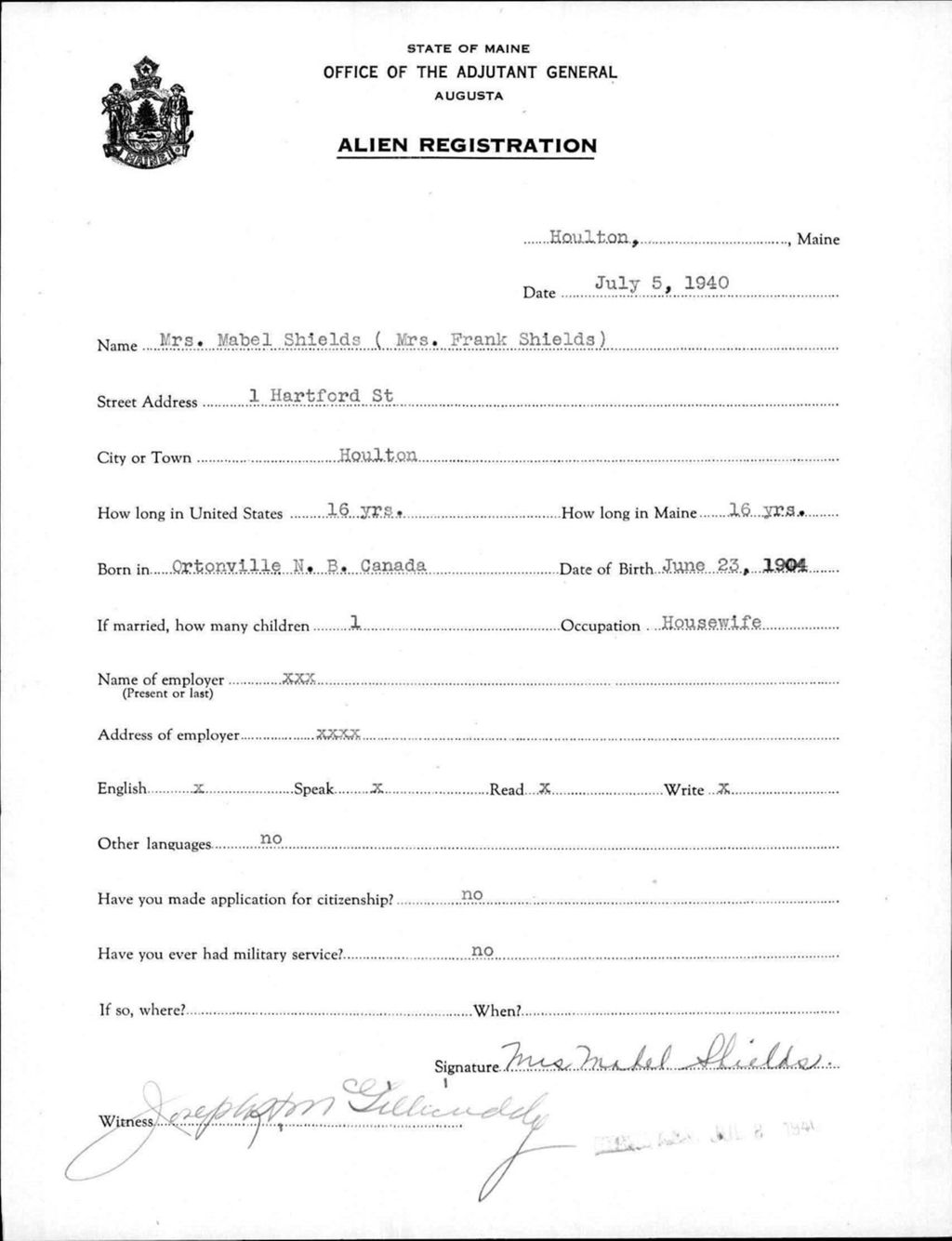 Alien Registration- Shields, Mabel (Houlton, Aroostook County)