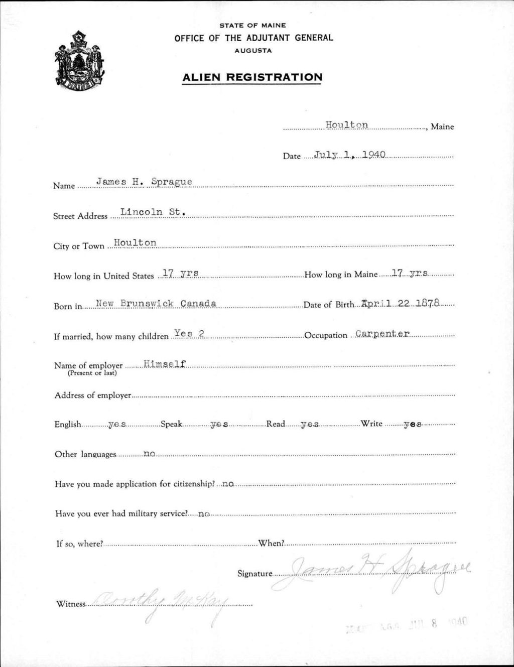 Alien Registration- Sprague, James H. (Houlton, Aroostook County)