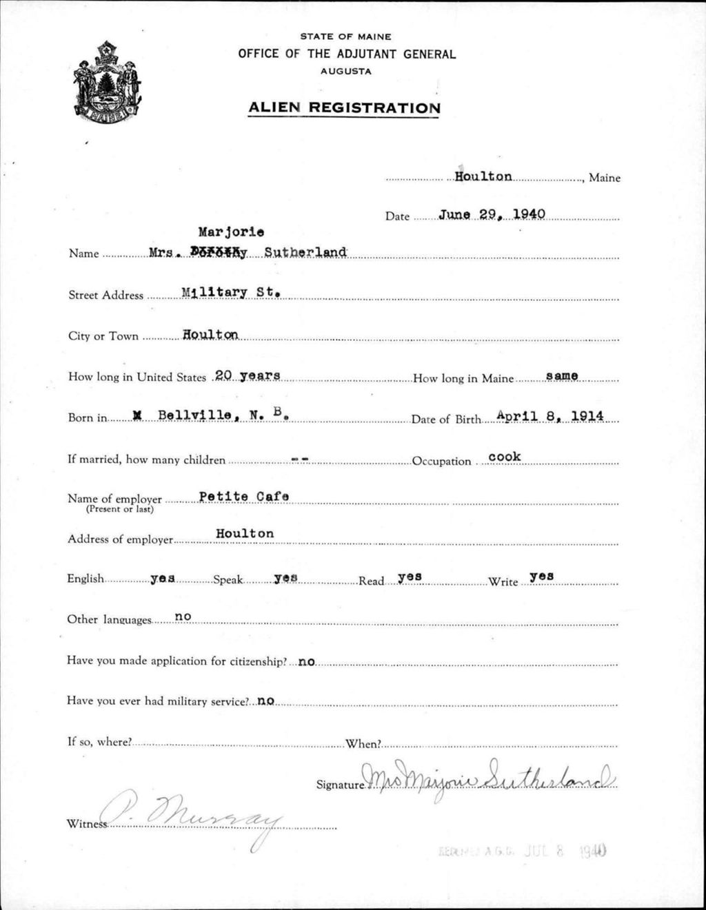 Alien Registration- Sutherland, Marjorie (Houlton, Aroostook County)
