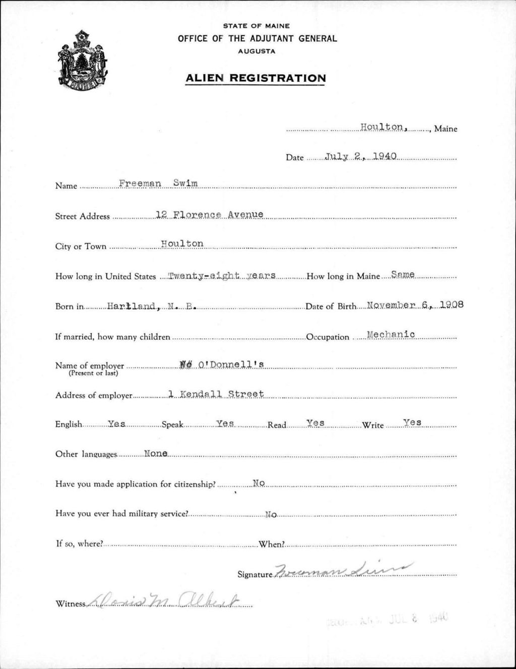Alien Registration- Swim, Freeman (Houlton, Aroostook County)