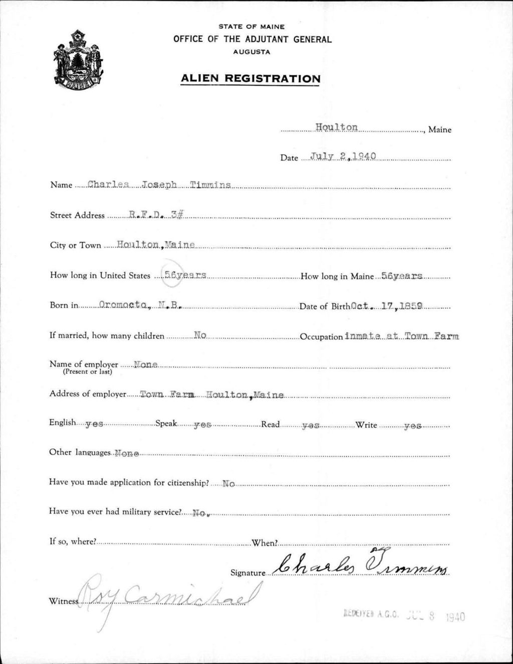 Alien Registration- Timmins, Charles J. (Houlton, Aroostook County)