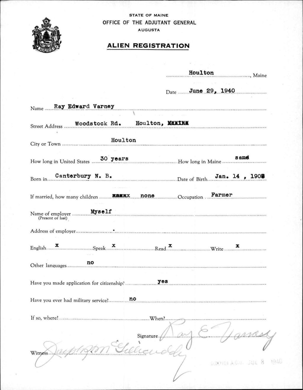 Alien Registration- Varney, Ray E. (Houlton, Aroostook County)