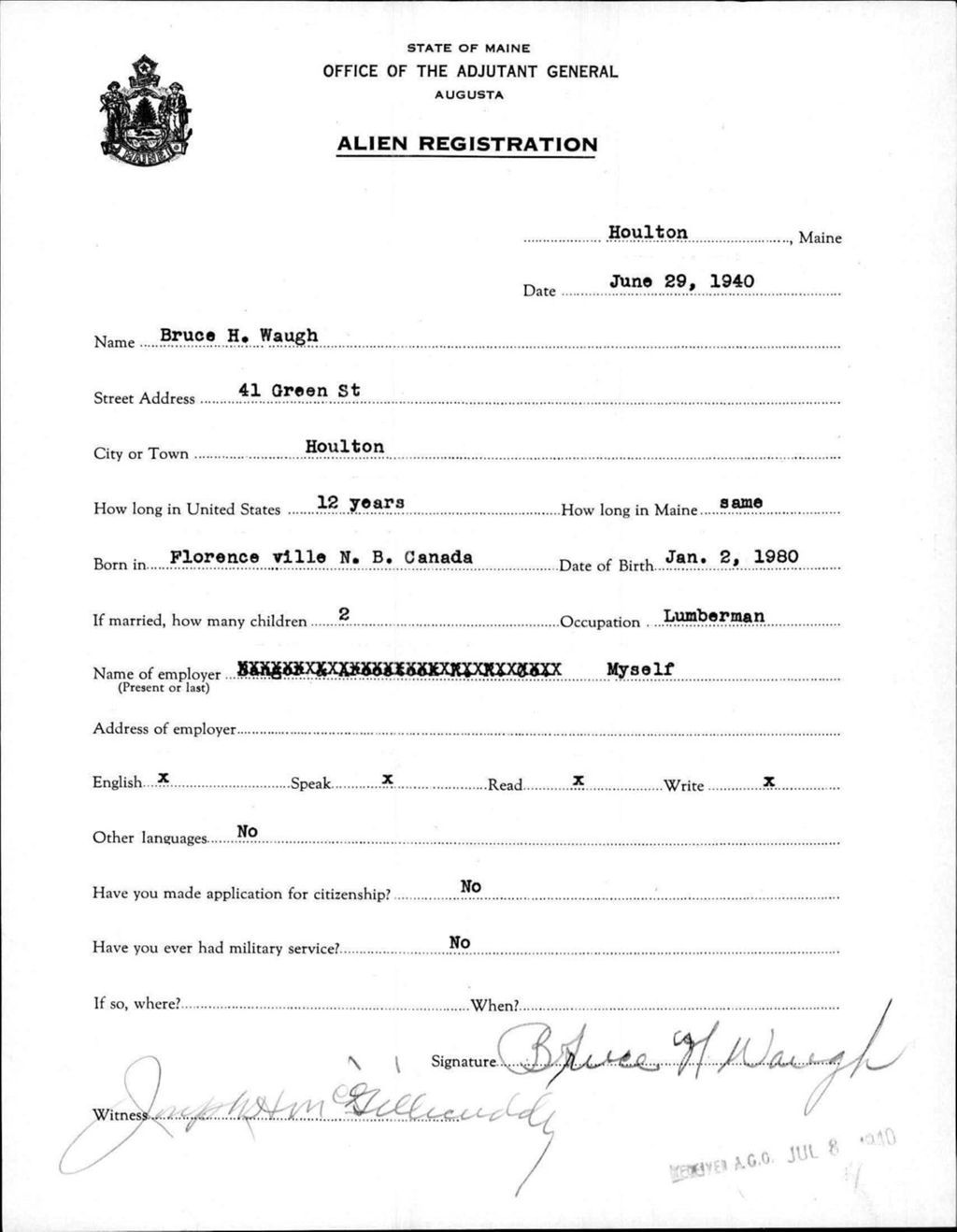 Alien Registration- Waugh, Bruce H. (Houlton, Aroostook County)