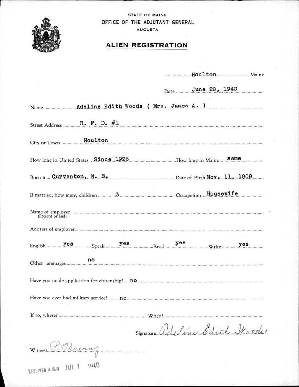 Alien Registration- Woods, Adeline E. (Houlton, Aroostook County)