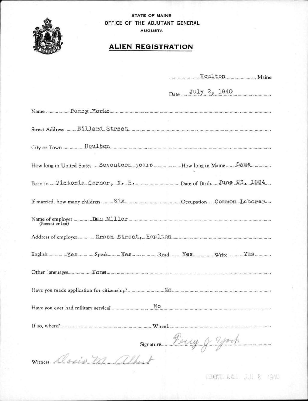 Alien Registration- Yorke, Percy (Houlton, Aroostook County)