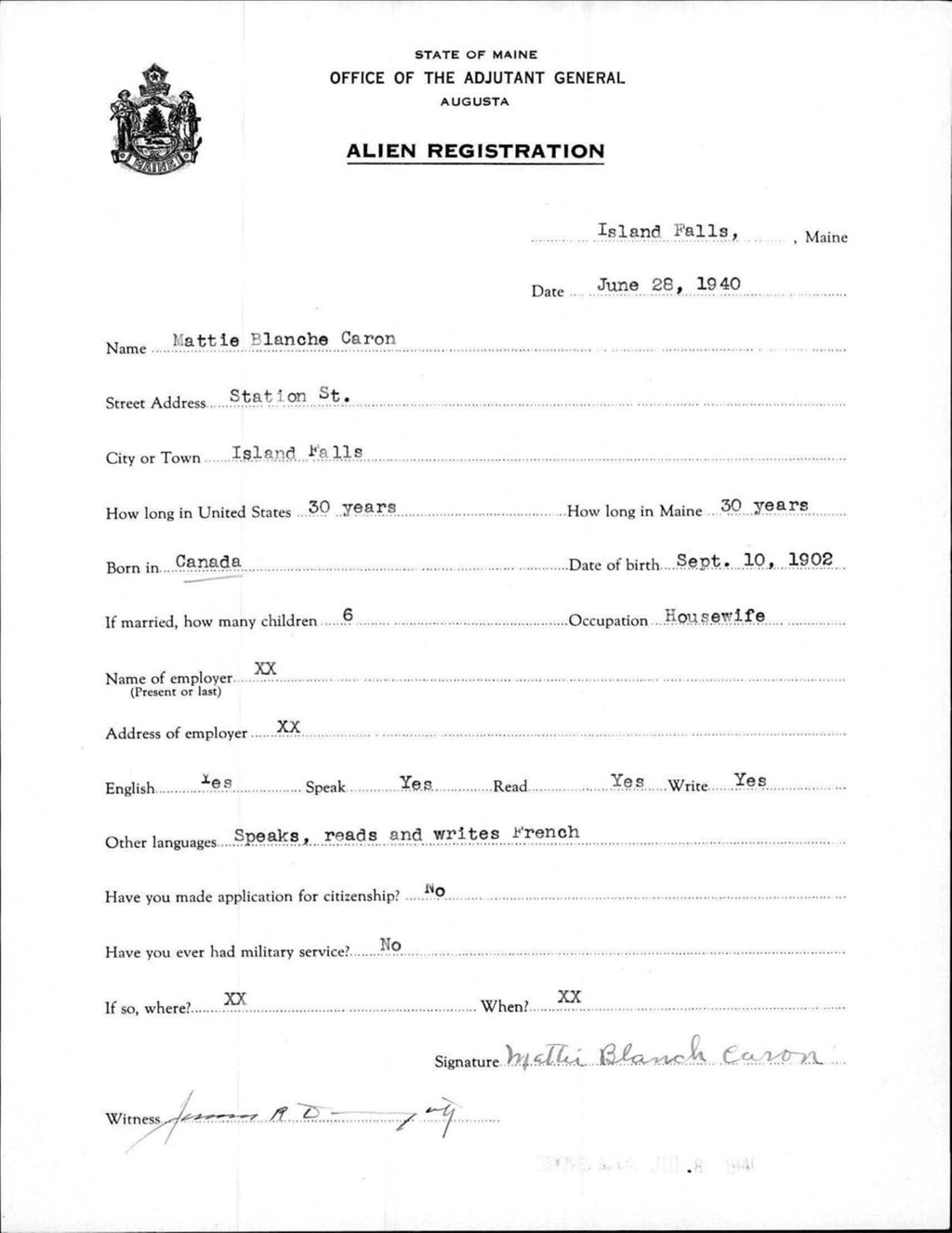 Alien Registration- Caron, Mattie B. (Island Falls, Aroostook County)