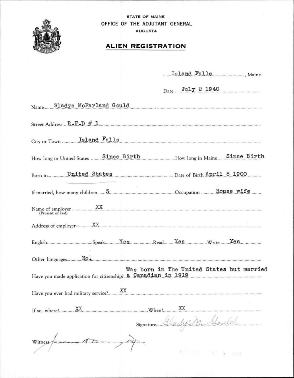 Alien Registration- Mcfarland, Gladys (Island Falls, Aroostook County)