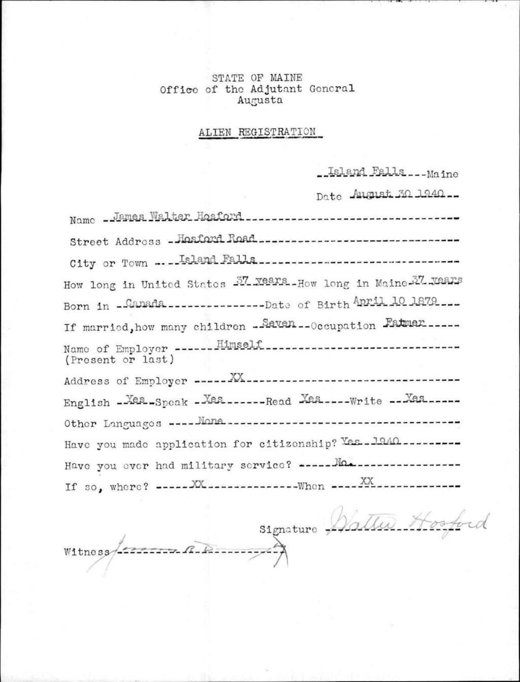 Alien Registration- Hosford, James W. (Island Falls, Aroostook County)