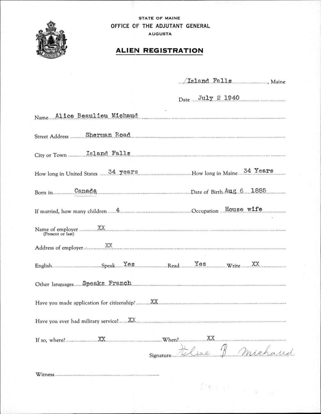 Alien Registration- Beaulieu, Alice (Island Falls, Aroostook County)