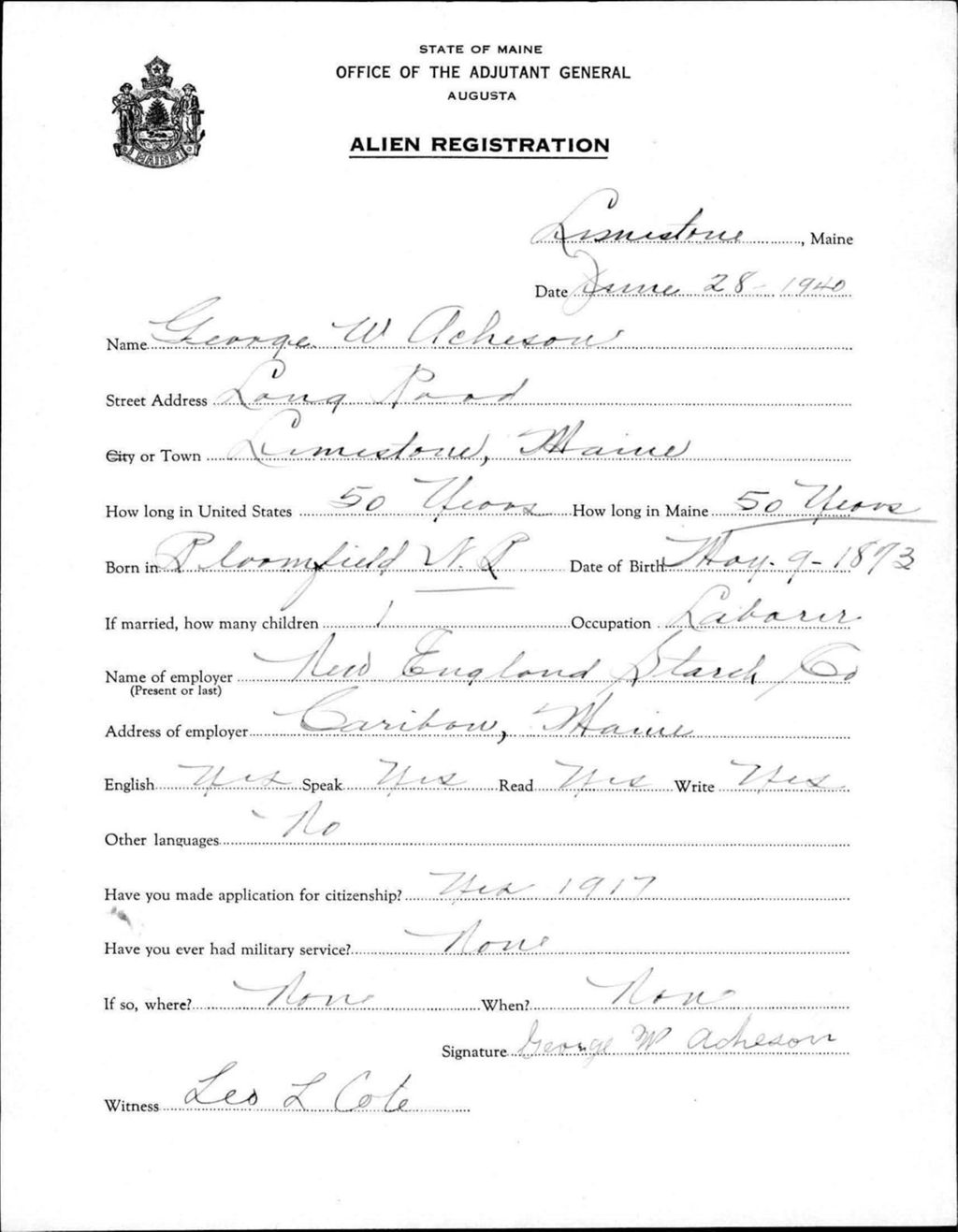 Alien Registration- Acheson, George W. (Limestone, Aroostook County)