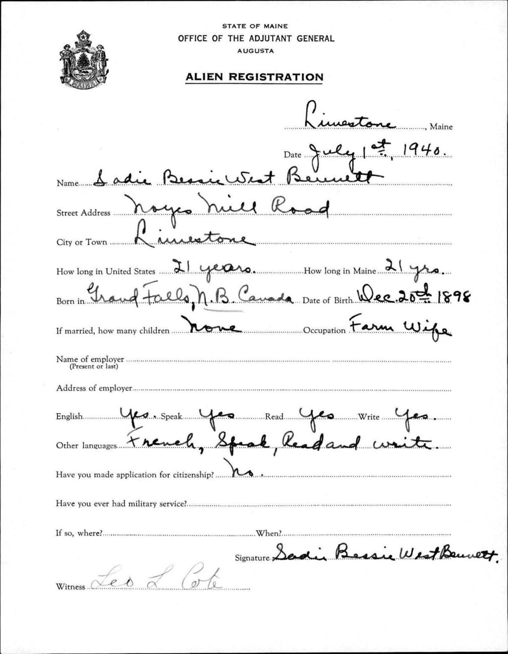Alien Registration- West, Sadie B. (Limestone, Aroostook County)