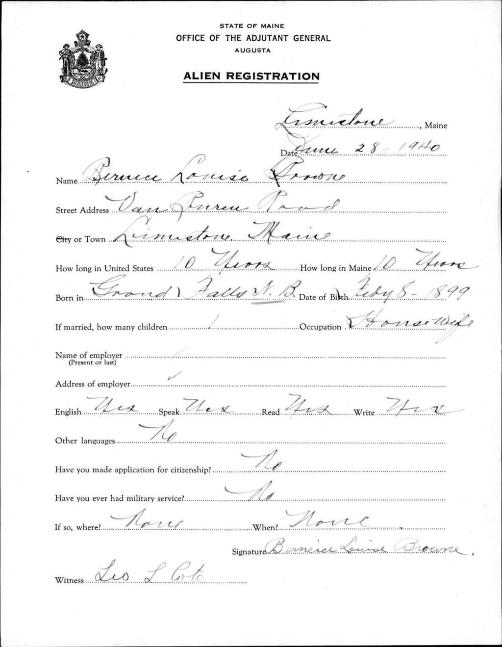 Alien Registration- Browne, Bernice L. (Limestone, Aroostook County)