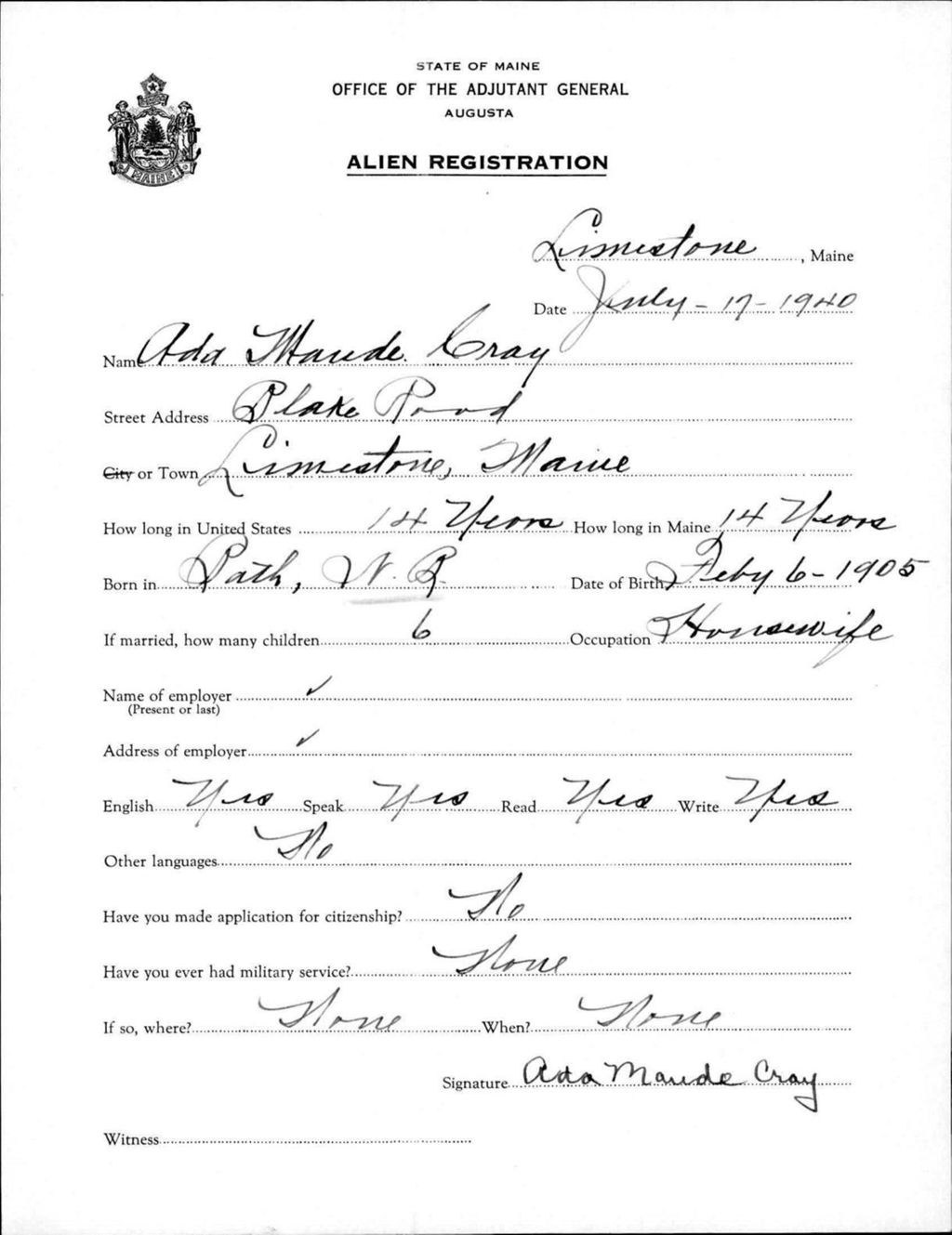 Alien Registration- Cray, Ada M. (Limestone, Aroostook County)